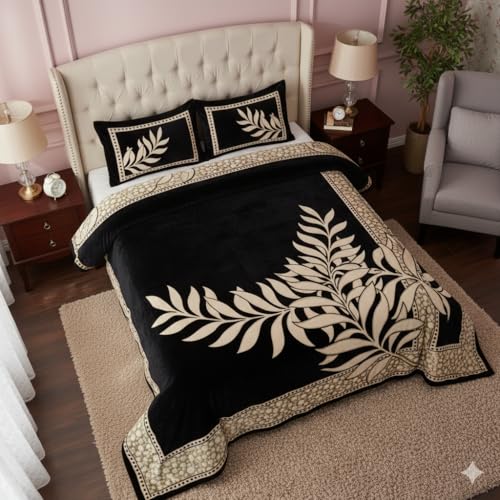 Image of Fresh from Loom Bed Sheet in Chenille 500 TC, Leaf Print Print Bedsheet Set with 2 Pillow Covers, Stylish Bed Cover for Home Decor, Easy Care Breathable Bedd 90x100 Inches | Leaf Black | Chenille