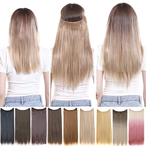 SARLA Short Ombre Halo Hair Extensions Black to Ash Blonde Straight Synthetic Hairpieces 14 Inch 3.2 Oz Secret Wire Headband for Women Heat Resistant Fiber No Clip (M02-14&2T24)
