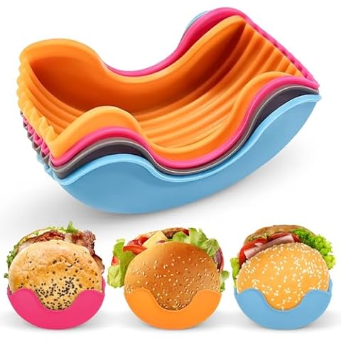 YFEIQI 4 Pcs Contact-Free Burger Holder Clip,Retractable-Reusable-Washable Food Grade Silicone Hamburger/Sandwich Clip,Burger Holder Box Cover