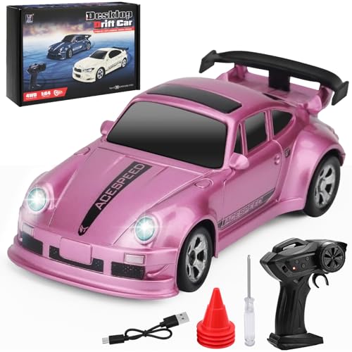 VoleRusher RC [4WD Edition 1/64 Scale Mini RC Drift Car, Toys for Age 8-14 Old Birthday Gifts, High Speed Racing Micro Small with Full Proportional RTR 2.4GHz Remote and 4 Cones - Pink