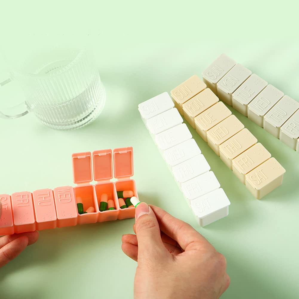 Tablettenbox, 3 Stück, 7-Tage-Pillendosen, 7 Fächer, leicht zu öffnen, Medikamentenspender, Nahrungsergänzungsmittel und Medikamente(Beige)