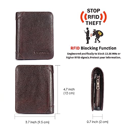 mens zipper leather rfid blocking wallet with 8 card slots 2 photo bits/ID bits 2 inside slots 2 SIM/SD card bits 2 Cash Compartments 1 Zipper change slot (Coffee)2