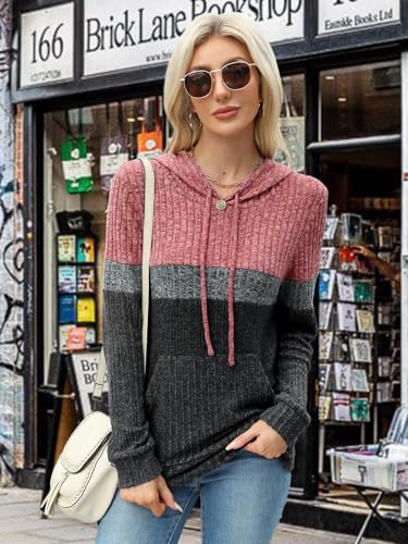 MixShe Women’s Color Block Knit Hoodie – Casual Long Sleeve Pullover Sweater Tops with Pocket