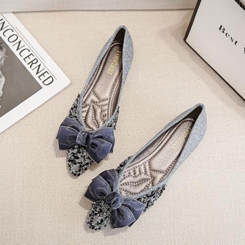 HIPPOSEUS Women's Satin Bow-Knot Flat Shoes Pointed Toe Ballet Flats Sequins Dressy Shoes2