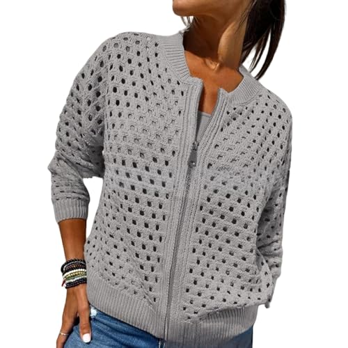 Whimsyard - Chaqueta tejida con cremallera y recortes para mujer, suéter tipo cárdigan de ganchillo con cremallera, top de punto con aberturas para mujer, prenda exterior tejida de ganchillo (Gris