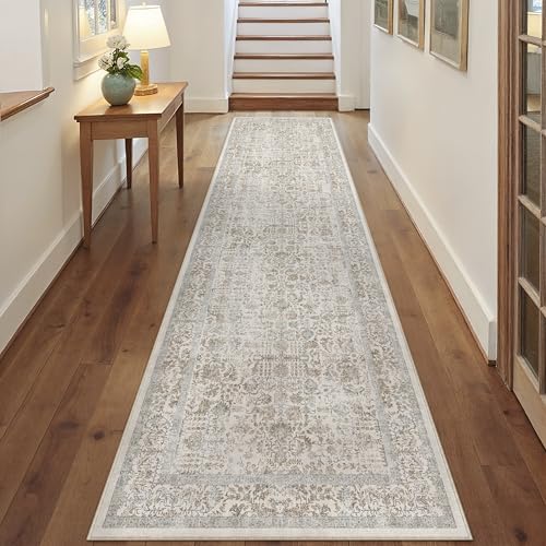 Taupe Runner Rug 2x12 Hallway Machine Washable Kitchen Vintage Distressed Non Slip Long Carpet Indoor Retro Floral Bedroom Accent Throw Rug for Bathroom Office Laundry Dining Living Room
