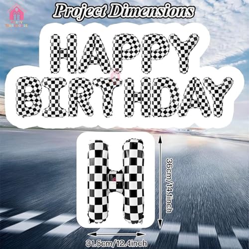 Image of Party Warehouse Happy Birthday Foil Balloon Banner-Black & White Checkered Racing Theme Letter Balloons|Car & Speed Inspired Birthday Decoration for Kids,Teens & Adults|Air Fill Hanging Decor-16 inch