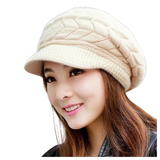 HINDAWI Women Winter Warm Knit Hat Wool Snow Caps with Visor, Beige