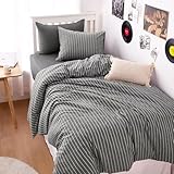 Picture of Wake In Cloud - Striped Cotton Duvet Cover Set, Ticking Stripe Vertical Pinstripe Farmhouse, 100% Washed Cotton Textured Bedding Set, 3 Pieces, Gray, Twin/Twin XL Size