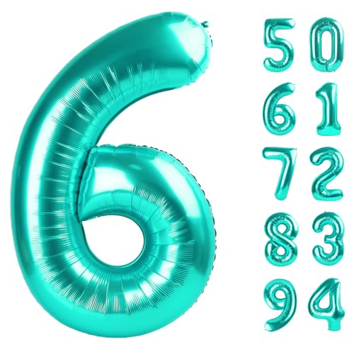 Image of Teal Blue 6 Balloon, Number Balloons 40 Inch, 6th Balloons for Birthday Decorations, Teal Blue Party Supplies 6 Birthday Balloon, Number 6 Balloon