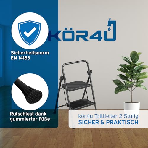 kör4u Trittleiter 2 Stufen - 150 kg belastbar - Standhöhe ca. 45 cm, klappbar, rutschfeste Stufen, Stahlrahmen, Haushaltsleiter, schwarz
