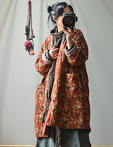 NFYM Women Vintage Print Floral Parkas Cotton Linen Hippie Coats Button V-Neck Warm Quilted Long Jackets4