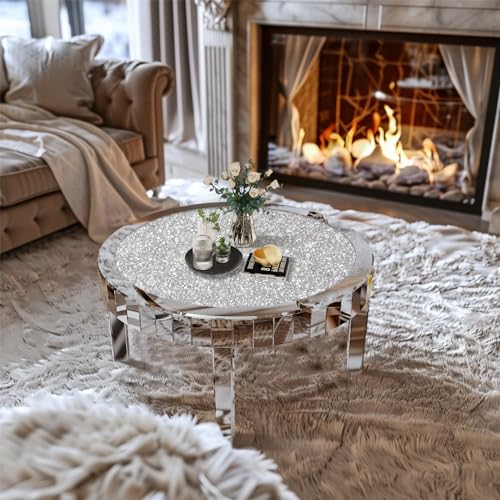 Artloge Mesa de Centro Redonda de Espejo y Diamantes: Mesa Cafe Baja Barroca Plateada Brillante Decorativas para Sofá Salón Habitacón Oficina 80x80x46cm