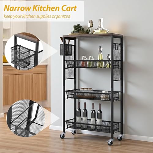 DWVO 4-Tier Slim Rolling Cart on Wheels, 34" Wooden Tabletop Kitchen Storage Organizer Cart with Wire Mesh Baskets, Slide-Out Storage Cart for Kitchen, Bathroom Living Room (Black)