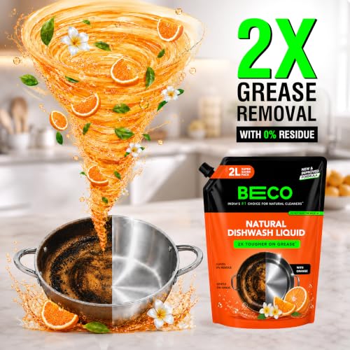 Beco Natural Dishwasher Liquid Refill | 2L Pack | Anti-Bacterial Formula | Orange Citrus Freshness | Ecofriendly Dish Washing Liquid Gel | Tough Grease Removal | Leaves No Residue on Utensils - Image 3