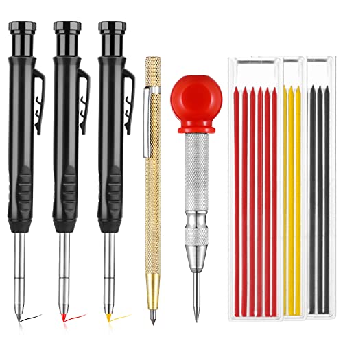 3 Crayons de Charpentier, Porte-mines avec taille-crayon intégré, Marqueurs de Trous Profonds avec 21 Mines de Crayon, Outils de Marquage pour le Chantier Cover