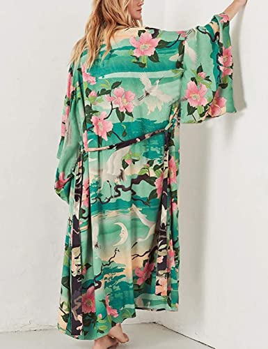 Bathing Suit Cover up Women's Floral Kimonos 3/4 Sleeve Loose Kimono Robe Long Duster Loose Oversized Open Front Cardigan Beachwear Maxi Dress with Belt 3/4 selelve(279)…2