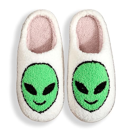 Cute Alien Cotton Slippers for Couples Indoor Plush Home Bedroom Shoes Green Cartoon Pattern Cozy Floor Slippers for Men & Women Suitable for All Seasons