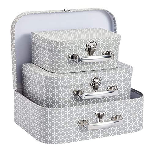 Okuna Outpost Set Of 3 Different Sizes Of Paperboard Suitcases With Metal Handles, Decorative Cardboard Storage Boxes (Gray Print) #TOP6