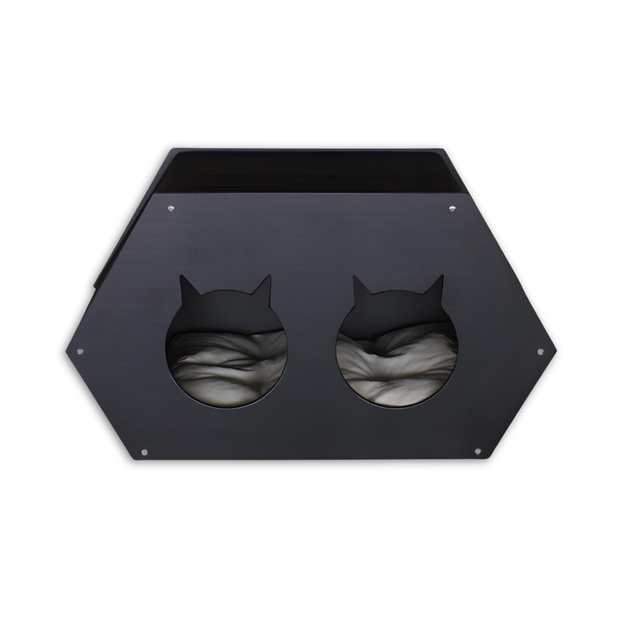 Lucy - Cat House Double Indoor - Modern Hexagon Wood Cat Bed with Dual Cat-Shaped Entrances - Premium Pet Furniture Cave Condo for 2 Cats, Wall Mountable Cat House (Matte Black)