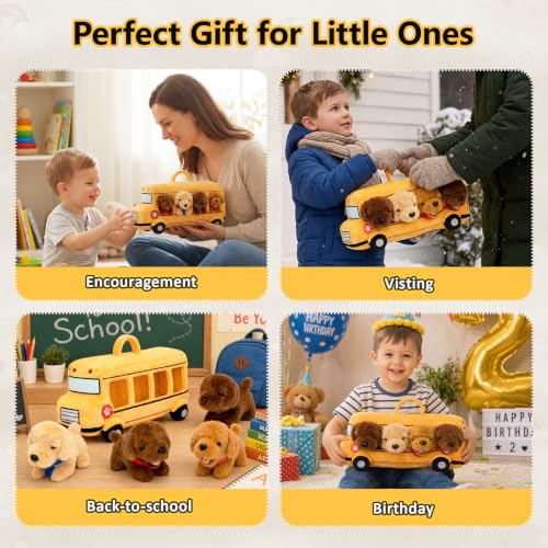 Image of OUOZZZ Dog Stuffed Animals Set with Plush School Bus, 5-Piece Puppy Toys | 4 Golden Retriever Stuffed Animals, Kindergarten Toys, Travel Toys for Kids