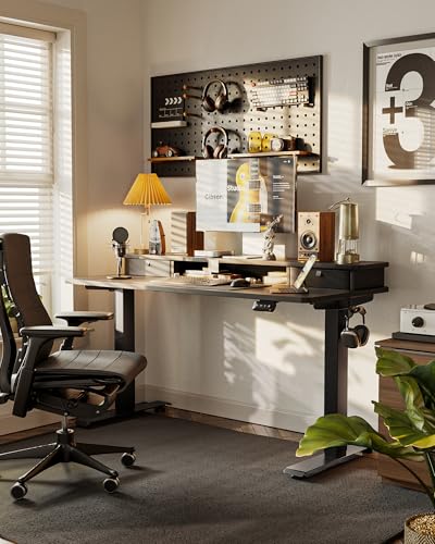 Image of FEZIBO 40 x 24 Inch Height Adjustable Electric Standing Desk with Double Drawer, Stand up Home Office Computer Desk with 4 Height-Adjustable Feets & 2 Hooks, Black