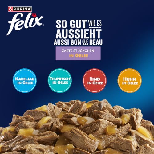 FELIX So gut wie es aussieht Nassfutter für Katzen Gemischte Vielfalt Vorteilspack, 120 praktische Portionsbeutel, zarte Stückchen in Gelee, 4 leckere Sorten, 100% vollständige Ernährung