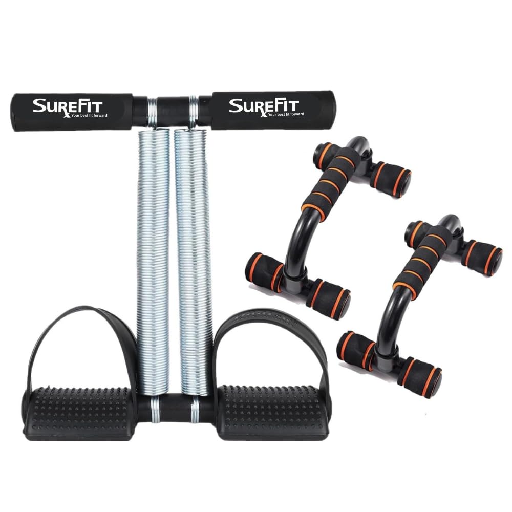 SUREFIT Tummy Trimmer with Dual Spring & Push-Up Bar Combo | Full Body Home Workout Kit for Men & Women | Core, Arms, Chest & Abs Fitness Pack