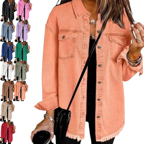 Womens Oversized Denim Jacket,Casual Long Sleeve Denim Jean Jackets Coat,Button Down Washed Distressed Denim Shirts