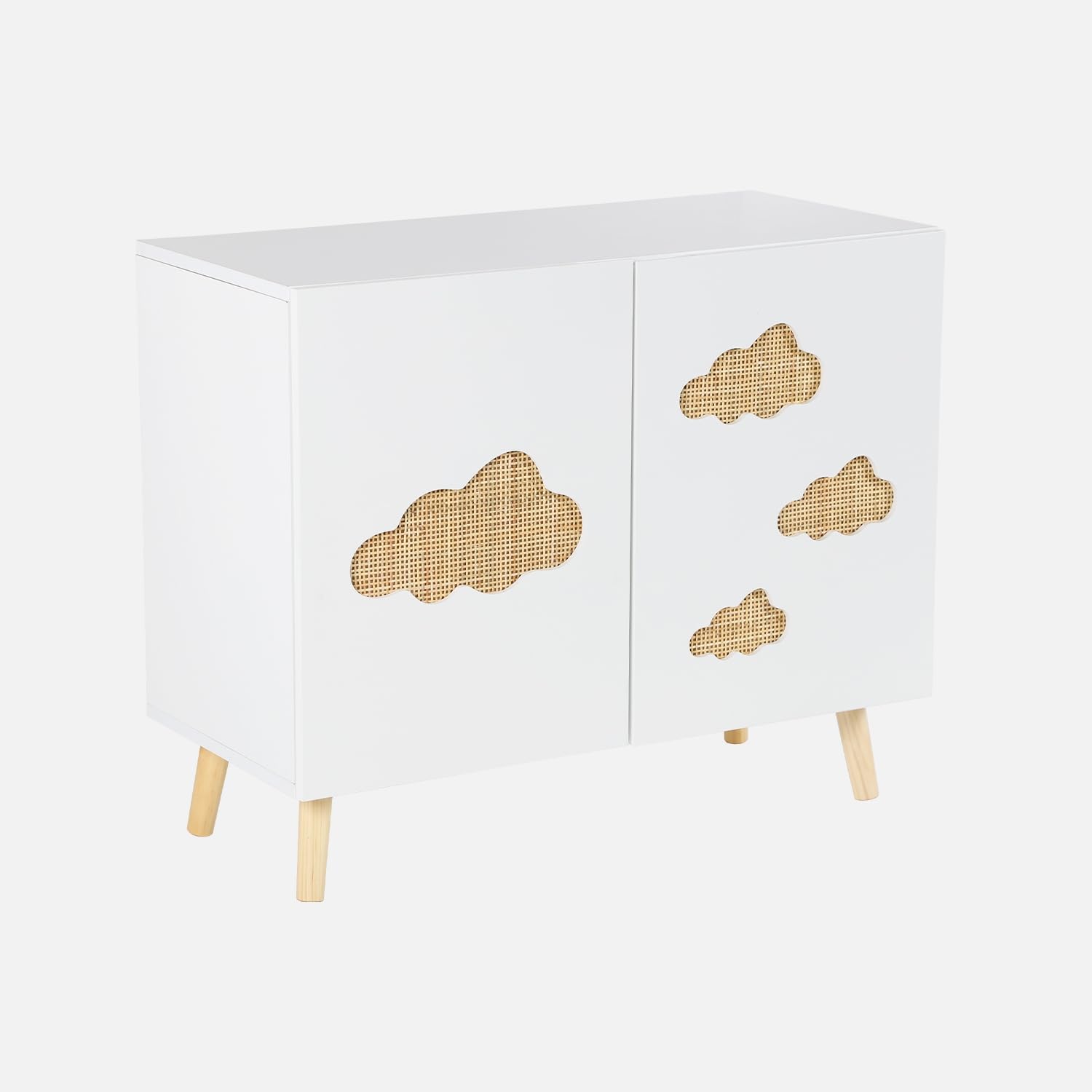 sweeek - Commode Enfant. Blanc. 2 Portes avec Nuages en cannage. 2 étagères