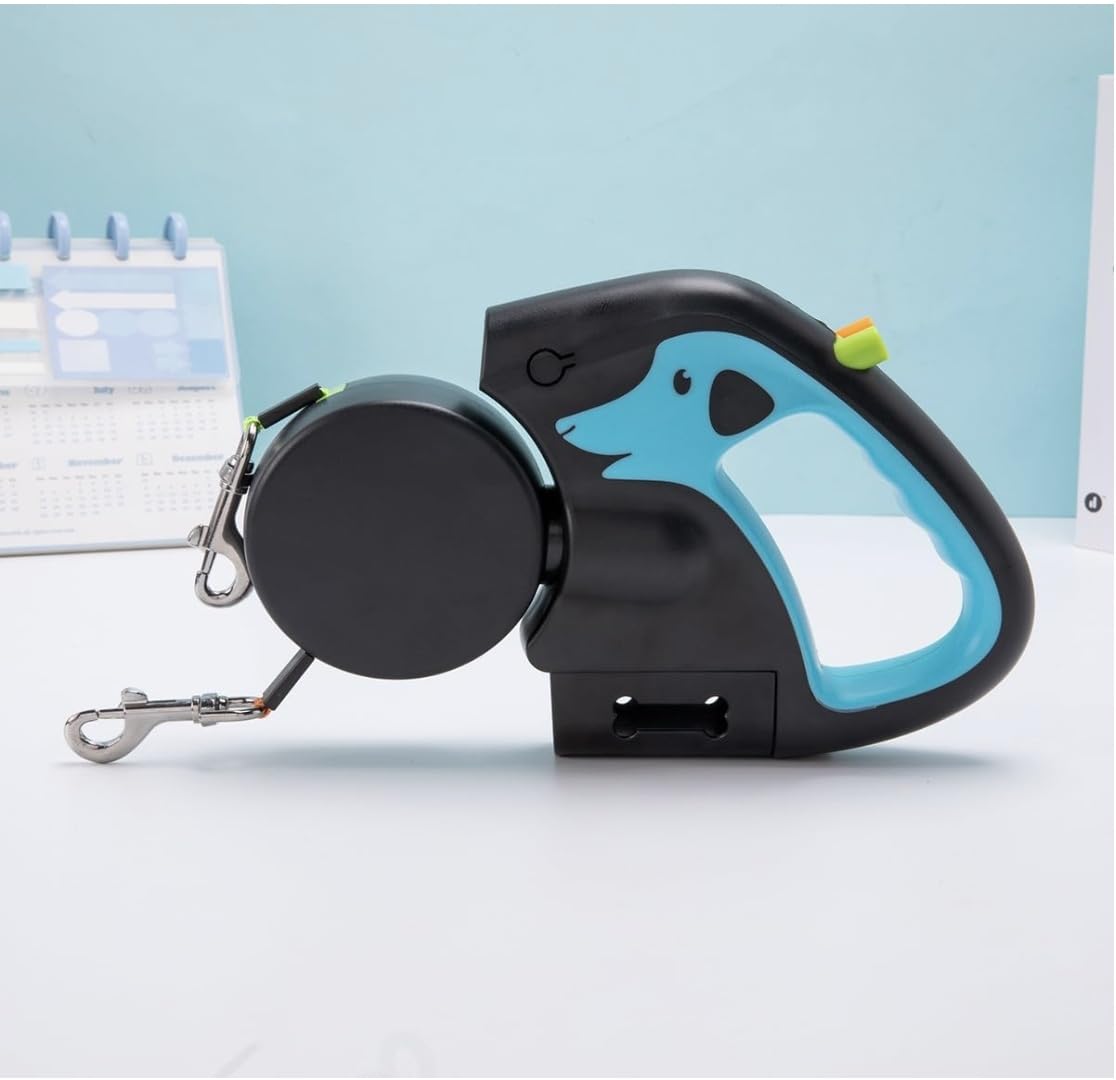 Double laisse rétractable pour 2 chiens avec rotation à 360 ° et technologie anti-enchevêtrement, lampe de poche LED, support de sac à déjections, laisse réfléchissante pour plus de sécurité, double