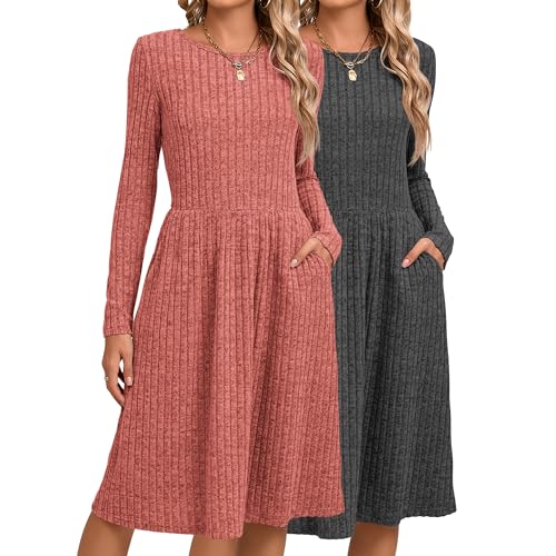 Riyiper 2 Pack Women's Long Sleeve Sweater Dress Ribbed Pleated Casual Round Neck Knee Length Dress with Pocket
