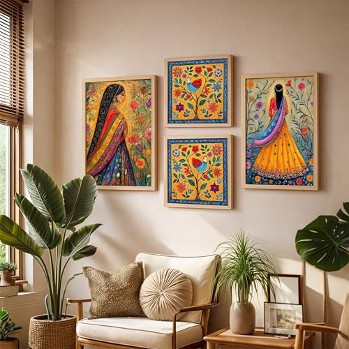 Image of NoWorries Folk Art Wall Art Frame Set of 4 | Traditional Indian Ethnic Painting Wooden Frames | HD Printed Decorative Wall Decor for Living Room Bedroom Office Home Interior