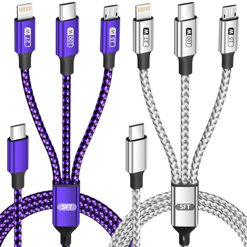 100W USB C Multi Charging Cable, 3 in 1 USB C Cable Fast Charging with E-Mark Chip, Universal Multiple Charger Cord with USB C, IP,Micro USB for iPhone 16/15/14/Laptop/Tablet/Phone/More [2Pack 5FT]