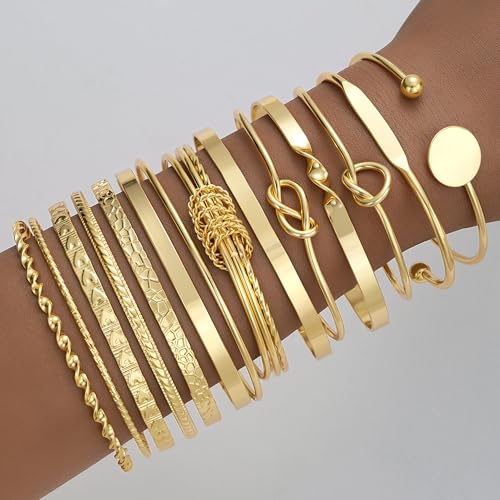 FAXHION Gold Bangle Bracelets for Women, 14 Pcs Multi Layer Stackable Bangle Set, 14K Gold Plated Textured Chunky Bracelets Boho Jewelrys Set - Image 2