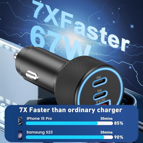 Image of 3 in1 Car Mobile Charger 97W Car Charger Mobile Phone Charging Type C Laptop, Three Port Fast Charging, 37W & 30W Type-C PD, 30W USB, for Android,iPad & Other (Black)