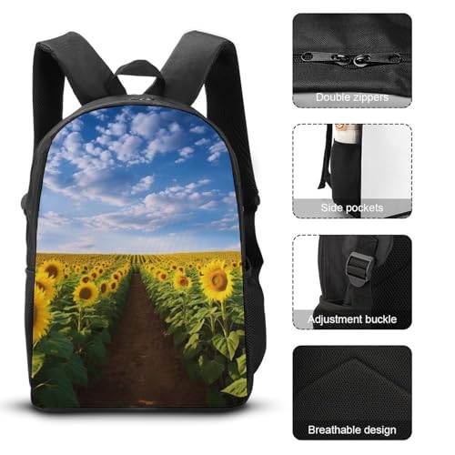 3 Piece Backpack for Women Men Lightweight Causal Daypack Shoulder Bag Set with Insulated Lunch Bag And Pencil Case Organizers Field of Blooming Sunflowers3