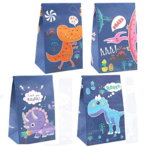 4 Pièces Sac de Papier de Dinosaure, Sac de Cadeaux Dinosaure, Dinosaure Sac de fête Sacs Kraft, pour Sacs à Lunch, Collation, Décorations à Thème(Violet, Orange, Rose et Bleu) Cover