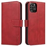 LOLFZ Wallet Case for iPhone 12, Case for iPhone 12 Pro, Vintage Leather Book Case with Card Holder Kickstand Magnetic Closure Flip Case Cover for iPhone 12 iPhone 12 Pro 6.1 inch - Red