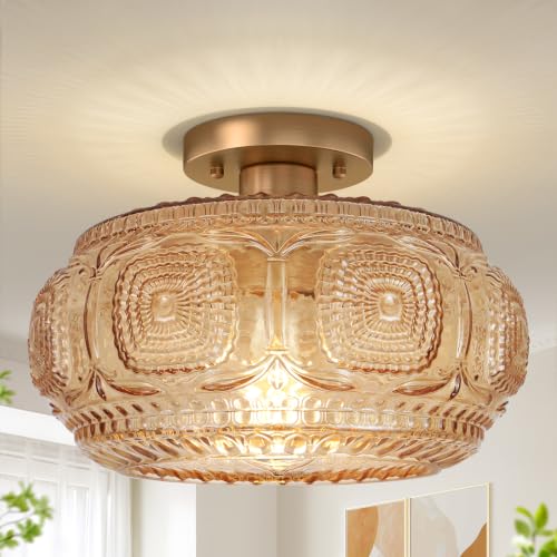 Image of 12 inch Mid Century Glass Semi Flush Mount Ceiling Light Fixture Amber