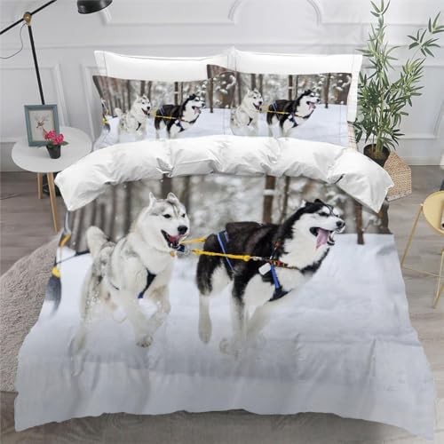 Funda Nordica de 3 Piezas para Cama 90 Husky Funda Edredon 135x200 cm Paisaje de Invierno Ropa de Cama de Microfibra Transpirable con Cremallera y 2 Fundas de Almohada 50x75 cm C-4902