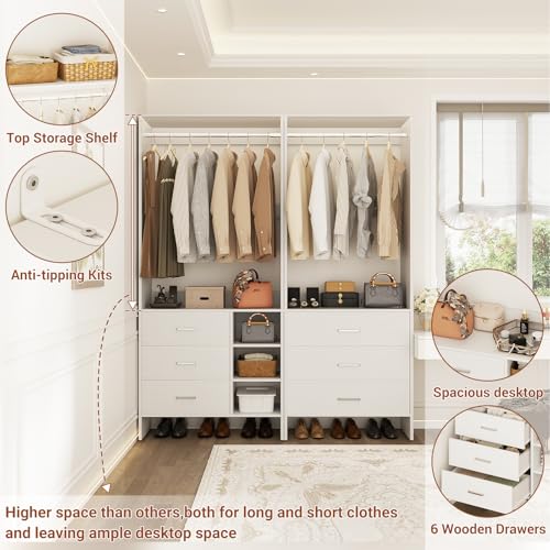 Aheaplus Closet System with 6 Drawers, 4.5ft Wood Closet Organizer System, Walk-in Closet or Small Closets Wardrobe, Clothes Rack with Hanging Rods, Set of 2, White - Image 6