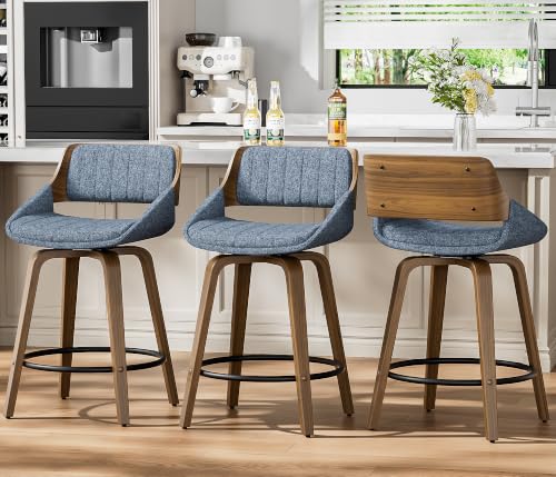 Image of YaFiti Bar Stools Set of 6, 26 inch Swivel Counter Height Barstools with Bentwood Back and Legs, Mid Century Modern Upholstered Fabric Counter Stools for Kitchen Island, Dining Room, Blue
