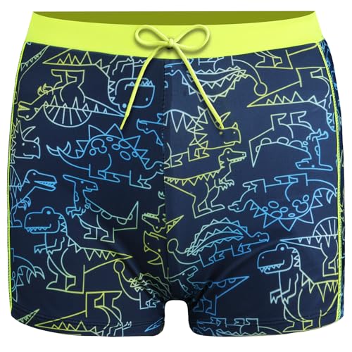 AYESY Badehose Jungen，Dinosaurier Badeshorts Kinder mit Gefüttert Elastischer Bund Schwimmhose Schnelltrocknend Sommer Strand Boardshorts Schwimmshorts für Junge 7-14 Jahre (Marineblau-128)
