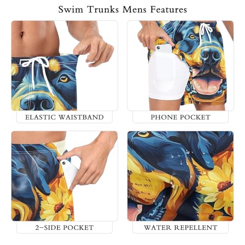 Mens Swim Trunks with Liner, Cute Dog Head Florals Cool Quick Dry Beach Swim Shorts, Swimwear Bathing Suits S3