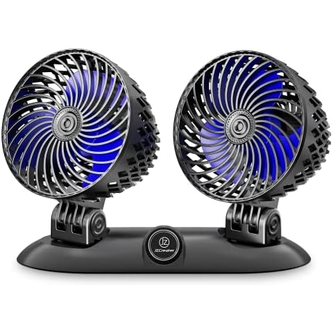 JZCreater Car Fan - Dual Head USB Desk & Portable Vehicle Cooling Fan with Variable Speed & 360°Rotation for Car Dashboard, SUV, RV, Truck, Sedan, Cruise & Office Use, Quiet & Small Fan, Black Blue Cover