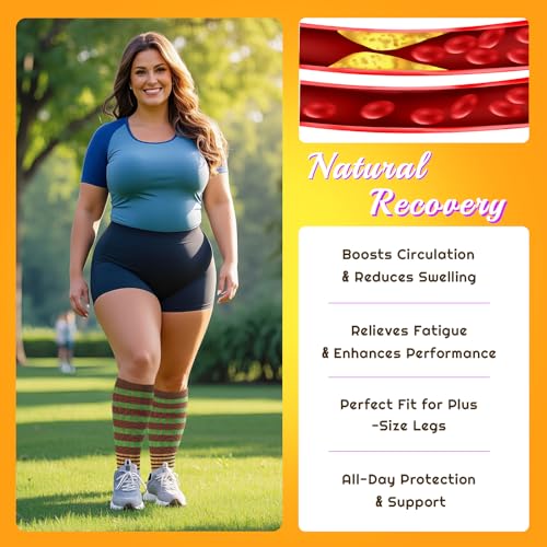 Image of Plus Size Compression Socks for Women & Men 4 Pairs, Wide Calf Extra Large 20-30 mmHg Knee High Support Socks for Travel, Running, Nurse