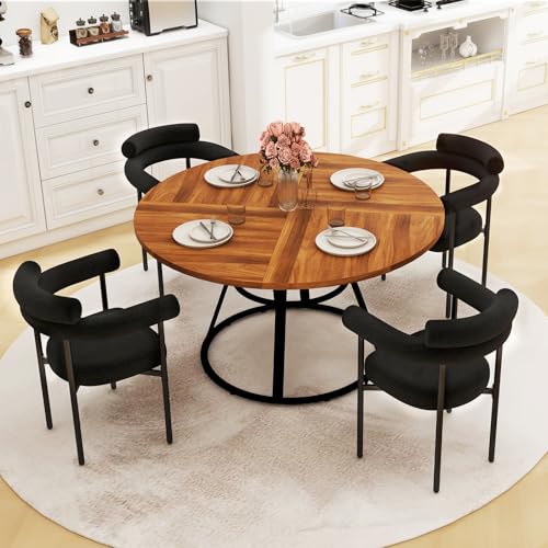 STHOUYN 47” Round Dining Table Set for 4, Small Round Kitchen Table with 4 Boucle Dinner Chairs, Modern Circle 5 Piece Dining Table with Steel Legs (Black)