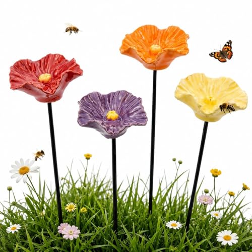 4PCS Ceramic Bee Watering Station for Garden 24cm Ceramic Flower Bee Cups with Stakes Decorative Colorful Butterflies Bees Drinking Station for Yard Patio Lawn Outdoor Decor (4Pcs)
