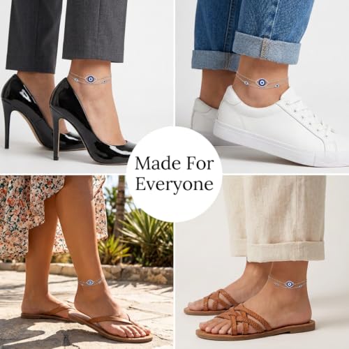 Image of Evil Eye Anklet Sterling Silver Infinity Lotus Flower Evil Eye Anklets for Women Ankle Bracelets Turkish Blue Eyes Protection Chain Jewelry